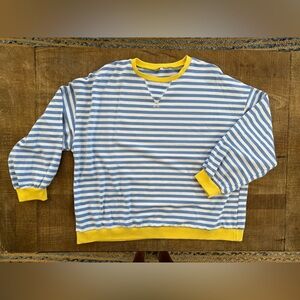 Striped Blue and White Long Sleeve Shirt with Yellow Accents